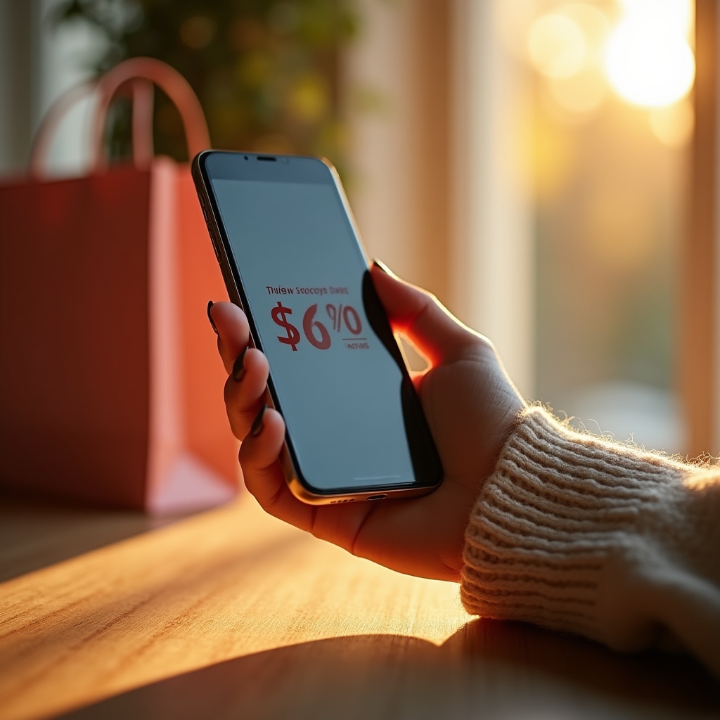Ruka drží telefon s cenovkami a slevovým označením v e-shopu
