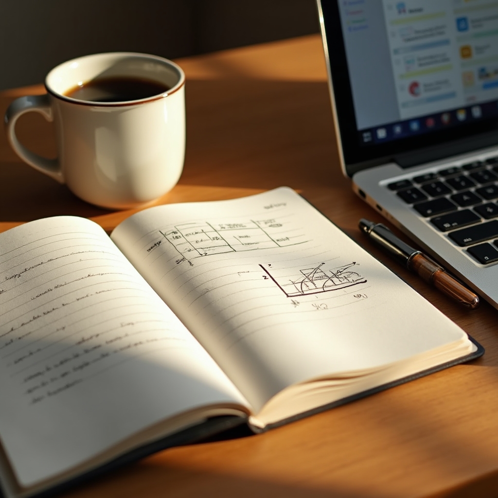 Otevřený zápisník s poznámkami vedle notebooku připraveného na webinář
