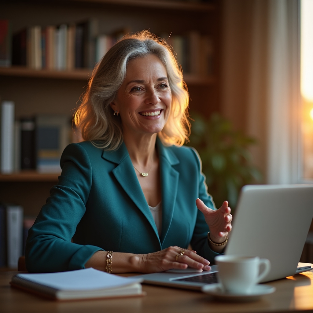Lektor vede online webinář před kamerou v domácí pracovně se sdílenou obrazovkou